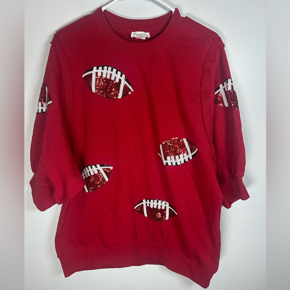 Red Football Sequin Sweatshirt chic soul Size 1x mid length pleated sleeve